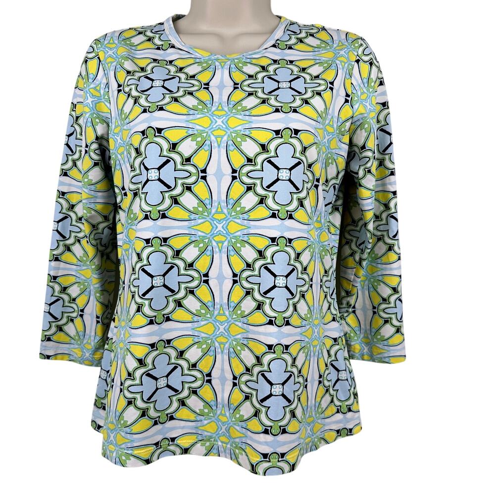 J. McLaughlin Knit Top Catalina Cloth 3/4 Sleeve Floral Green Blue Small Resort